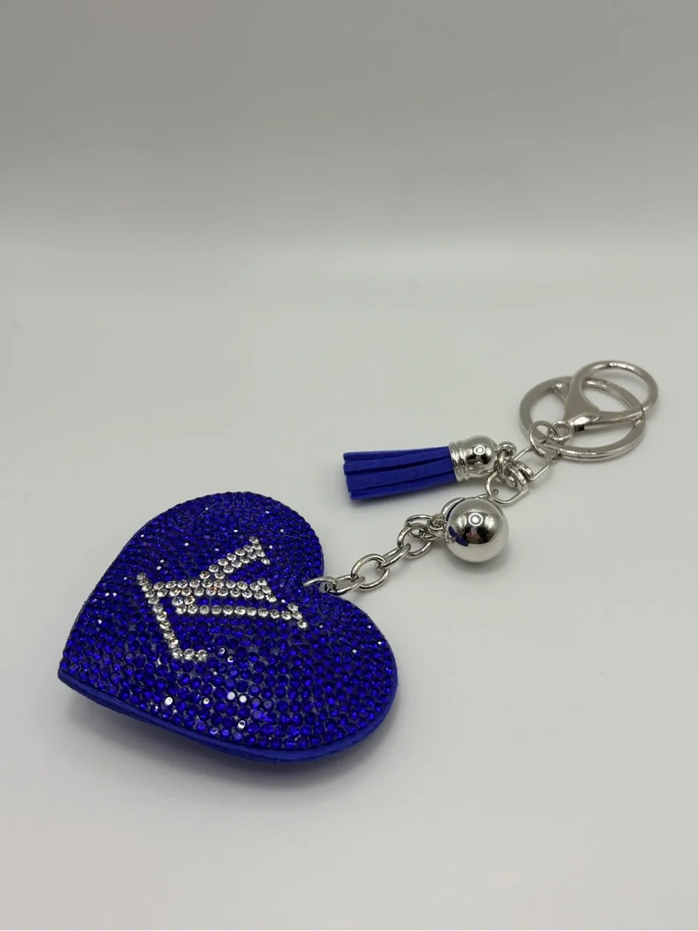 Royal Blue Crystal Heart Keychain with Silver Hardware